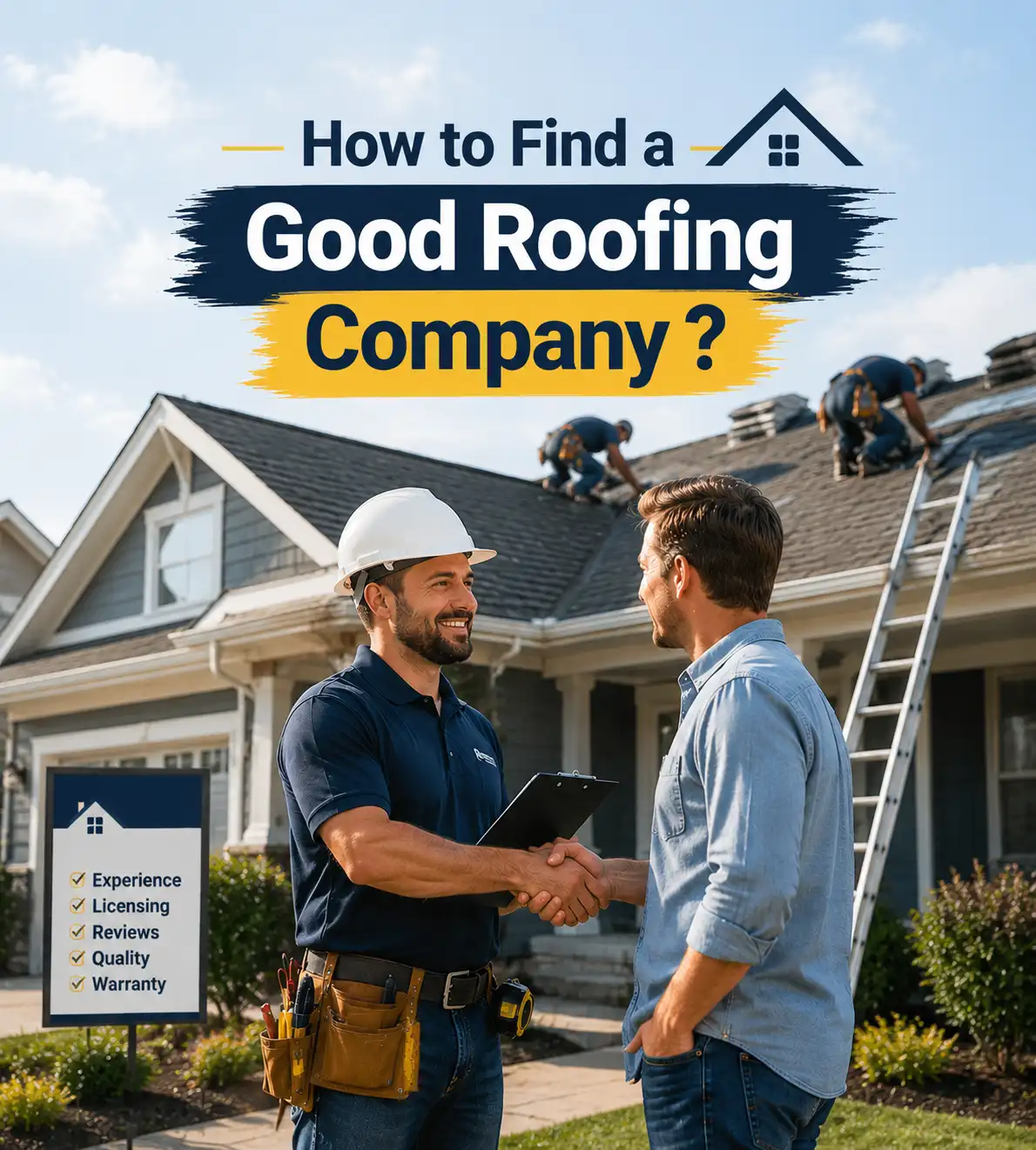 Professional roofer shaking hands with homeowner in front of a suburban house while workers repair the roof, illustrating how to find a reliable roofing company.