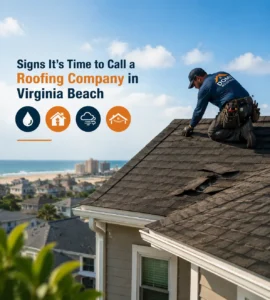 Professional roofer inspecting a damaged roof in Virginia Beach showing signs that homeowners need roofing repair services