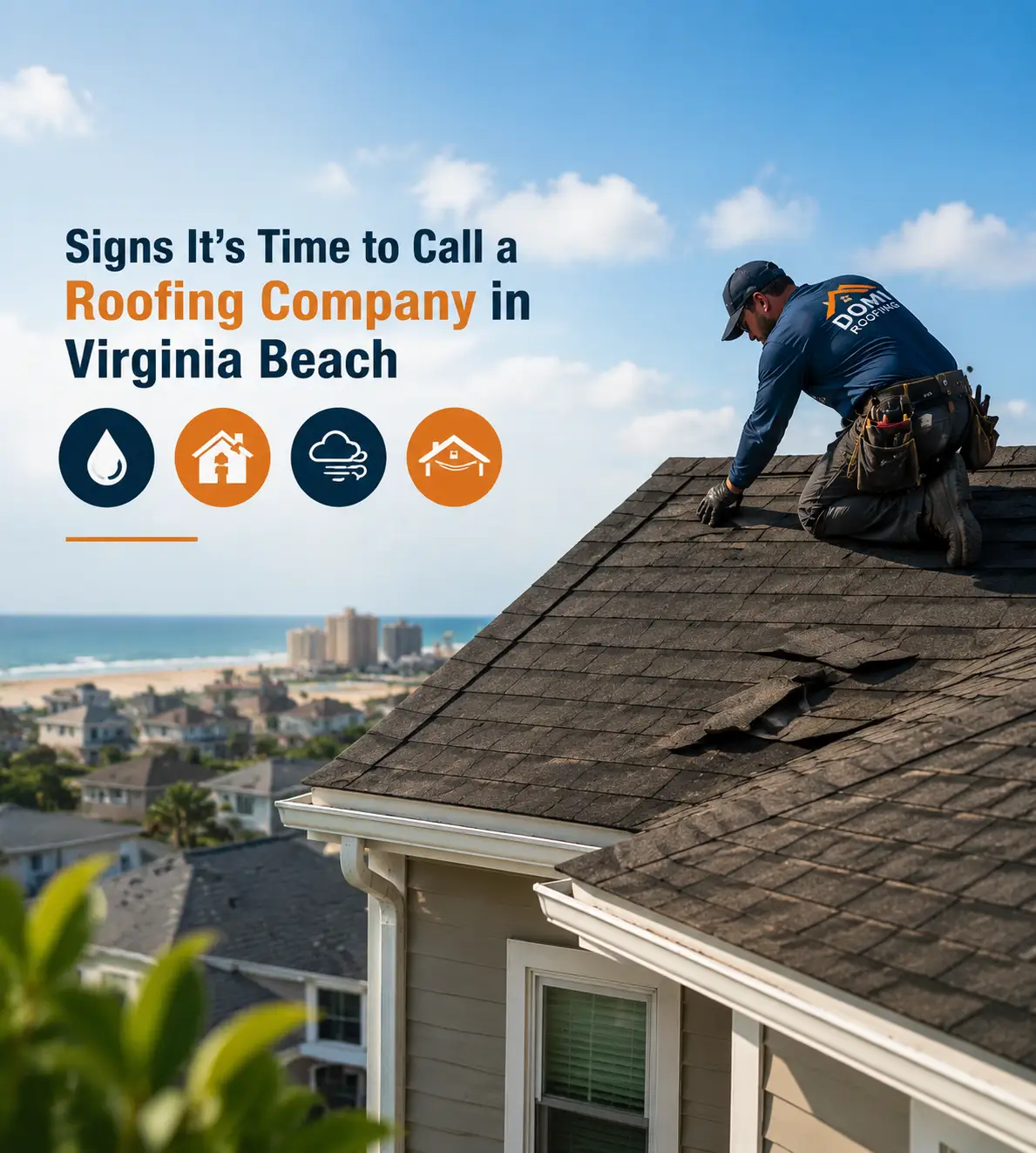 Professional roofer inspecting a damaged roof in Virginia Beach showing signs that homeowners need roofing repair services