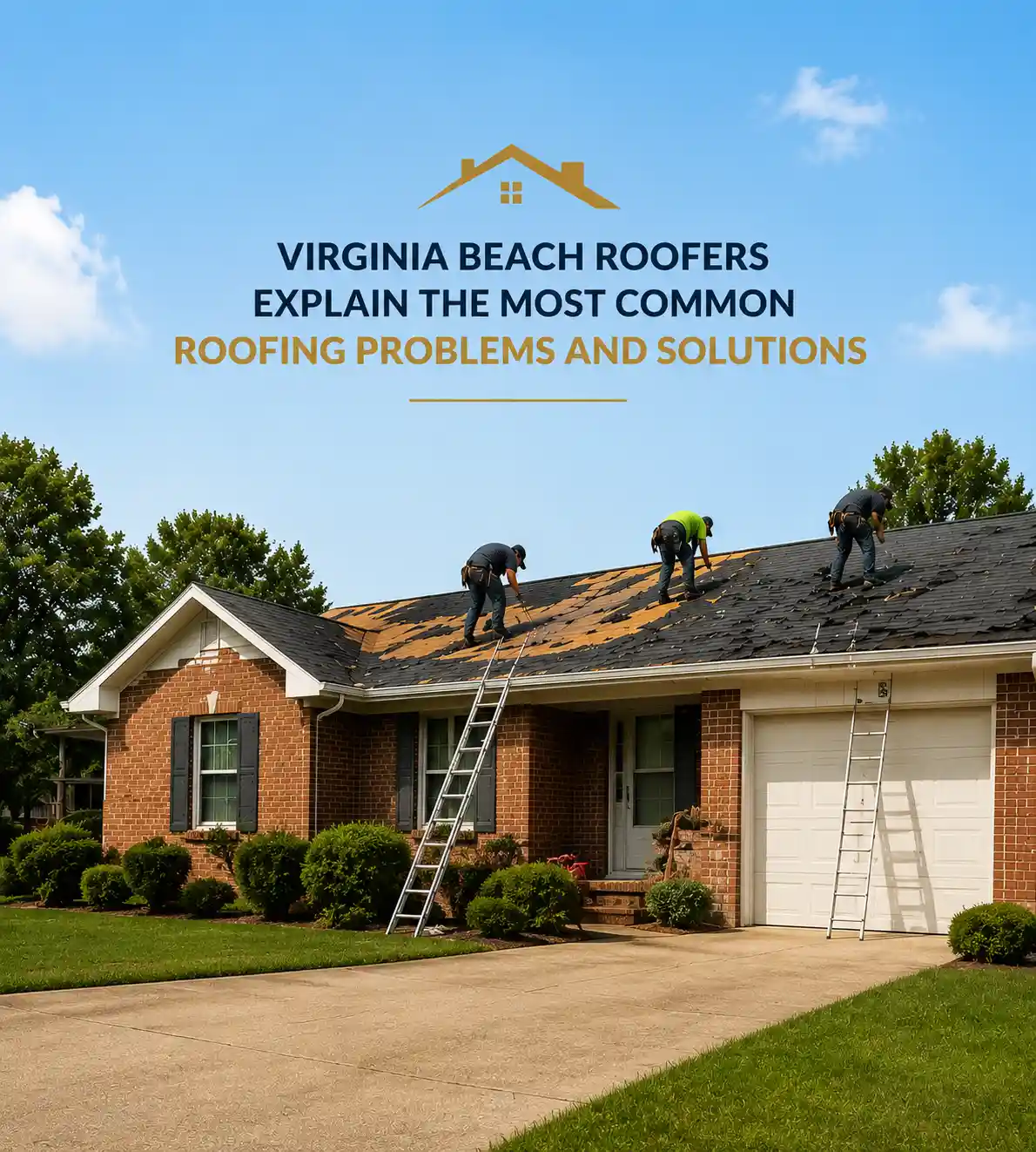Professional roofing contractors replacing shingles on a residential home in Virginia Beach, illustrating common roofing problems such as damaged shingles, roof leaks, and aging roofs, along with expert roofing solutions.