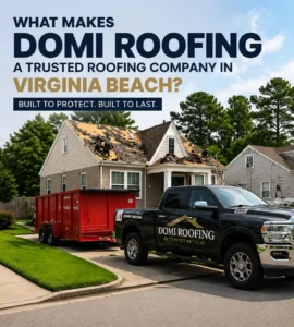 Domi Roofing truck at a residential roof replacement project showing professional roofing services in Virginia Beach