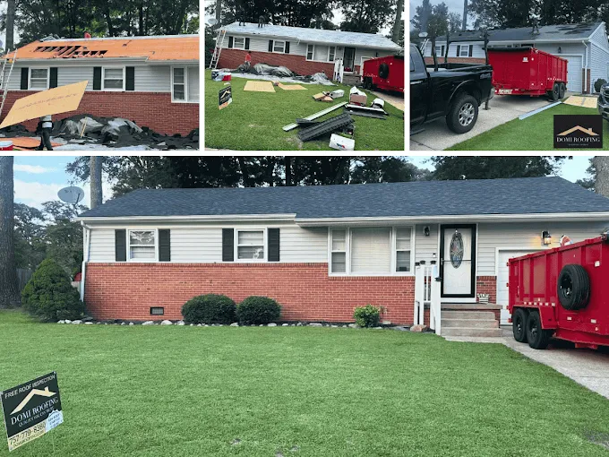 Domi Roofing completed roof replacement project on a residential home in Virginia Beach showing new roof installation and roofing equipment