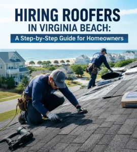 Professional roofers installing shingles on a residential home in Virginia Beach for homeowners hiring roofing contractors