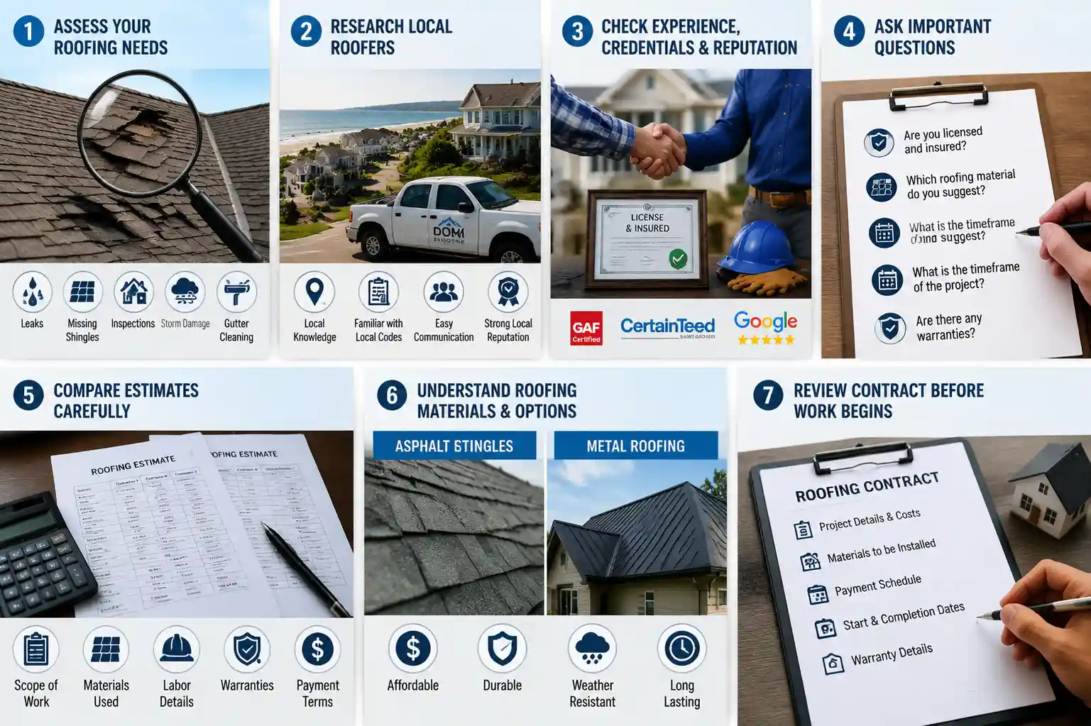 nfographic showing steps for hiring roofers in Virginia Beach including roof inspection, contractor research, estimates, materials, and contracts