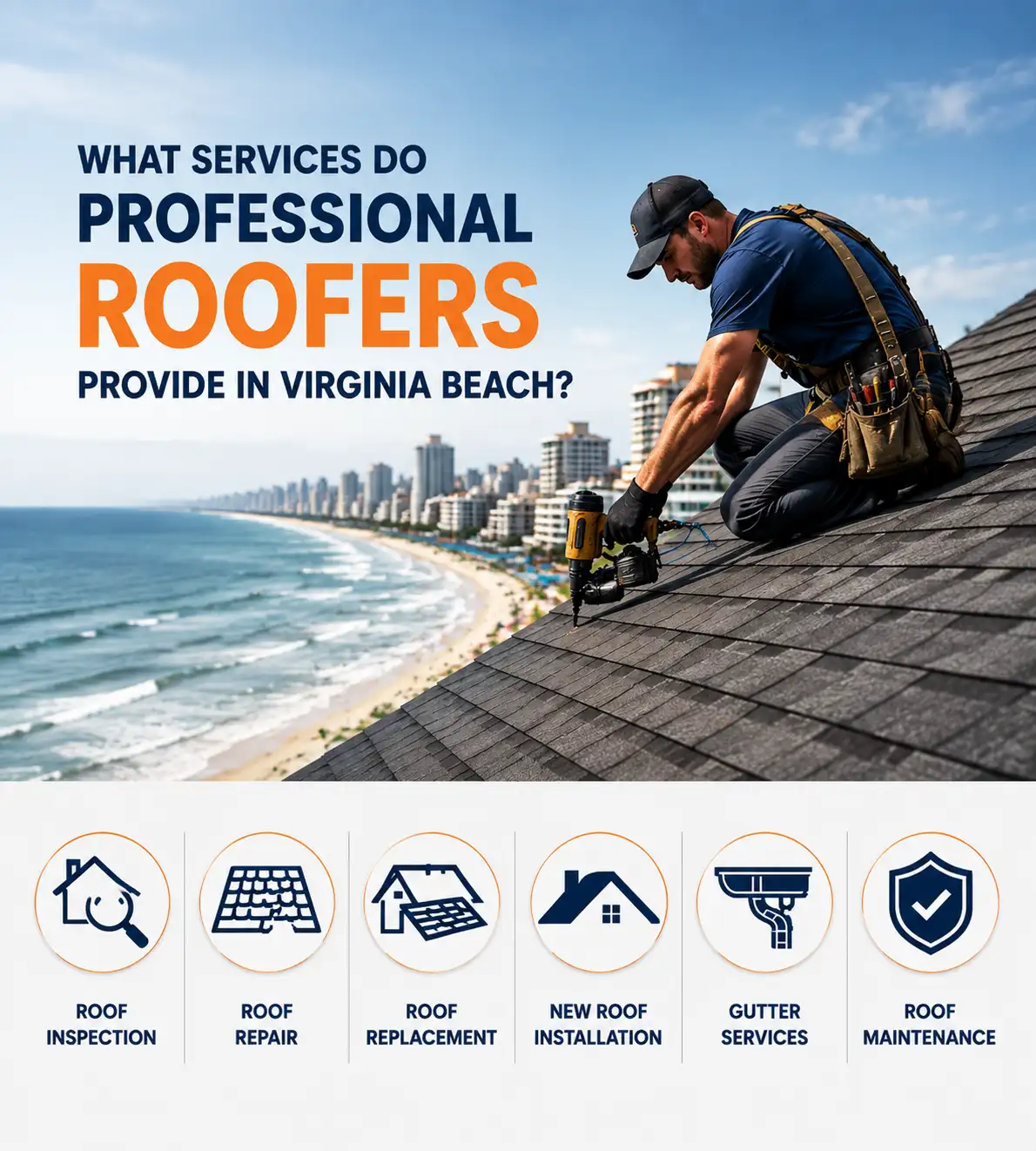 Professional roofer providing roof inspection, repair, replacement, installation, and maintenance services in Virginia Beach