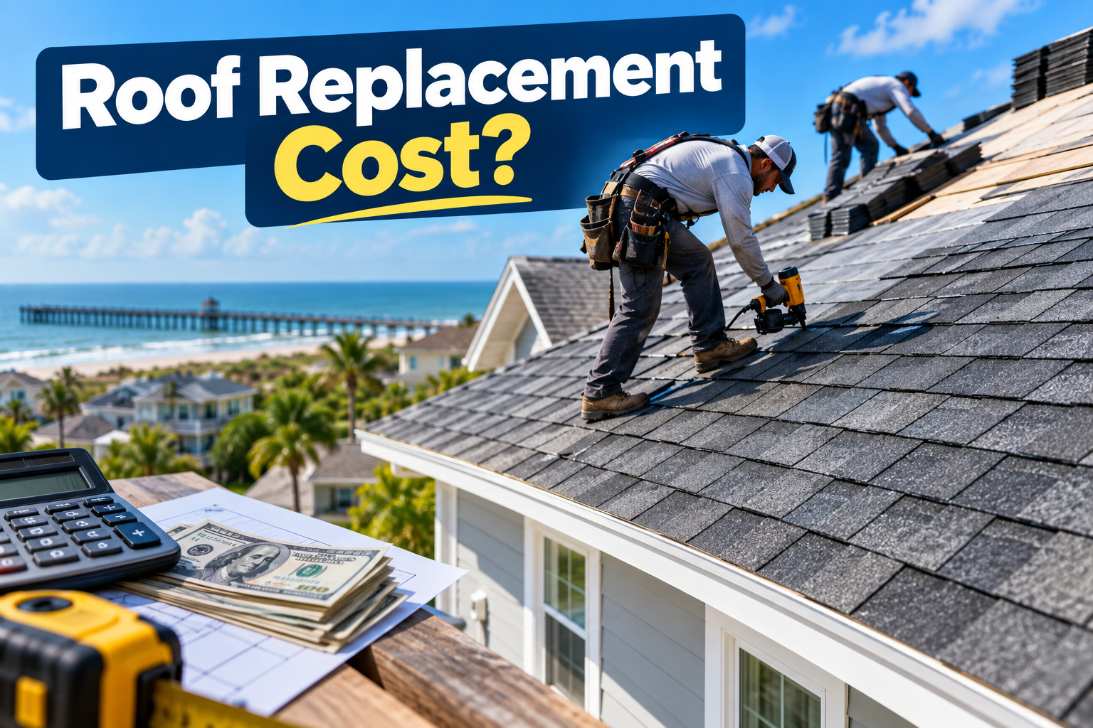 Roofers working on installing asphalt shingles on a coastal home roof alongside a foreground insert of a calculator, tape measure, and cash, with overlay text asking "Roof Replacement Cost?"