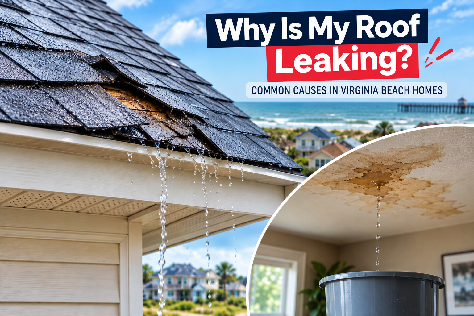 Water pouring off damaged roof shingles into a gutter during rain alongside an insert image showing water dripping from a stained indoor ceiling into a bucket, with text reading "Why Is My Roof Leaking? Common Causes in Virginia Beach Homes."
