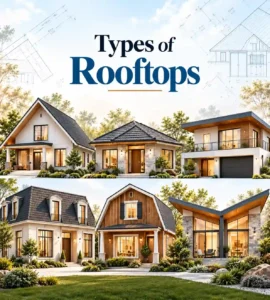 Different types of rooftops on residential homes, including gable, hip, flat, shed, mansard, gambrel, and butterfly roof designs.