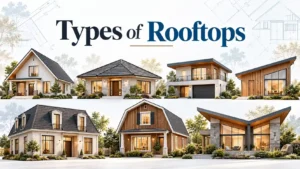 Different types of rooftops on residential homes, including gable, hip, flat, shed, mansard, gambrel, and butterfly roof designs.