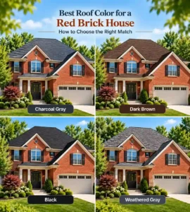 Red brick houses with charcoal gray, dark brown, black, and weathered gray roofs showing different exterior color combinations.