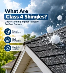 Class 4 impact-resistant asphalt shingles on a residential roof being struck by hailstones, illustrating hail resistance and roof durability.